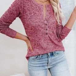 Levency Button O Neck Knit Long Sleeve Top