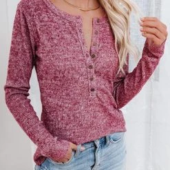 Levency Button O Neck Knit Long Sleeve Top