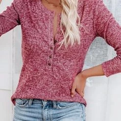 Levency Button O Neck Knit Long Sleeve Top