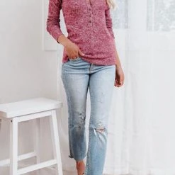 Levency Button O Neck Knit Long Sleeve Top