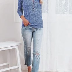 Levency Button O Neck Knit Long Sleeve Top
