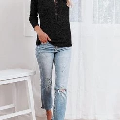 Levency Button O Neck Knit Long Sleeve Top