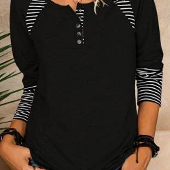 Levency Stripe Patchwork Button Long Sleeve T Shirt New In