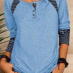 Levency Stripe Patchwork Button Long Sleeve T Shirt New In