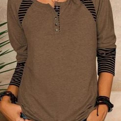 Levency Stripe Patchwork Button Long Sleeve T Shirt New In