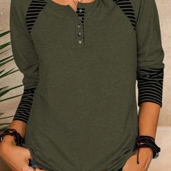 Levency Stripe Patchwork Button Long Sleeve T Shirt New In