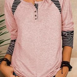 Levency Stripe Patchwork Button Long Sleeve T Shirt New In