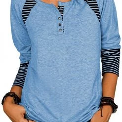 Levency Stripe Patchwork Button Long Sleeve T Shirt New In