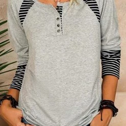 Levency Stripe Patchwork Button Long Sleeve T Shirt New In