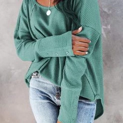 Levency New In Textured Cuffed Button Waffle Tunic