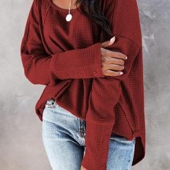 Levency New In Textured Cuffed Button Waffle Tunic