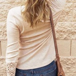 Levency Button Lace Patchwork Long Sleeve T Shirt