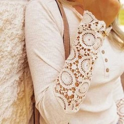 Levency Button Lace Patchwork Long Sleeve T Shirt