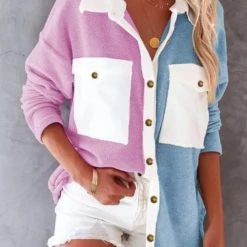 Levency Colorblock Fleece Pockets Button Shirt New In