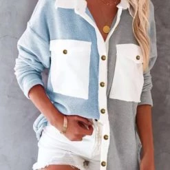 Levency Colorblock Fleece Pockets Button Shirt New In