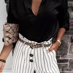 Levency New In Solid Linen V Neck Loose Blouse