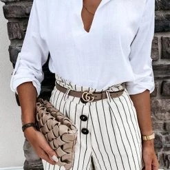 Levency New In Solid Linen V Neck Loose Blouse