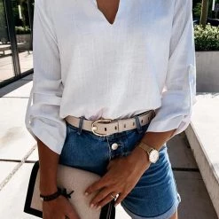 Levency New In Solid Linen V Neck Loose Blouse