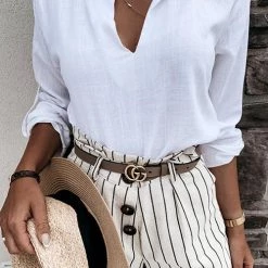 Levency New In Solid Linen V Neck Loose Blouse