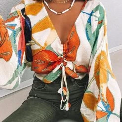 Levency Floral V Neck Puff Sleeve Drawstring Crop Top