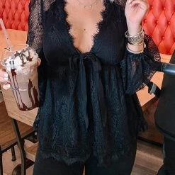 Levency Sheer Lace V Neck Bow Tie Blouse New In