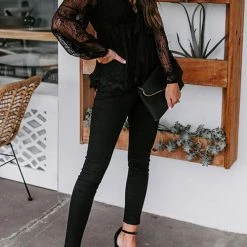 Levency Sheer Lace V Neck Bow Tie Blouse New In