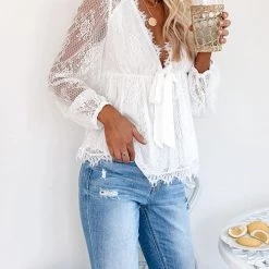 Levency Sheer Lace V Neck Bow Tie Blouse New In