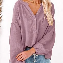 Levency New In Button Neck Puff Sleeve Loose Blouse
