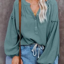 Levency New In Button Neck Puff Sleeve Loose Blouse