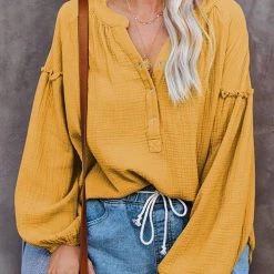 Levency New In Button Neck Puff Sleeve Loose Blouse