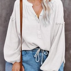 Levency New In Button Neck Puff Sleeve Loose Blouse