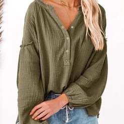 Levency New In Button Neck Puff Sleeve Loose Blouse