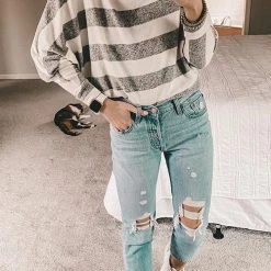 Levency Stripe O Neck Bat Blouse New In