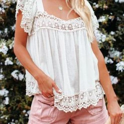 Levency New In Boho Crochet Square Neck Top