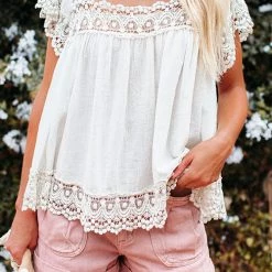 Levency New In Boho Crochet Square Neck Top