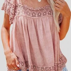 Levency New In Boho Crochet Square Neck Top