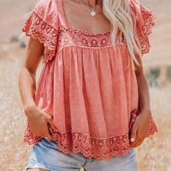 Levency New In Boho Crochet Square Neck Top