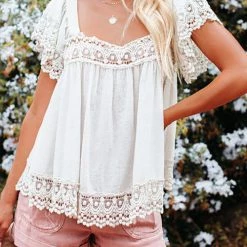 Levency New In Boho Crochet Square Neck Top