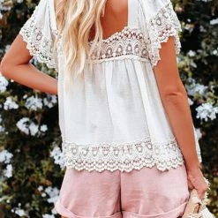 Levency New In Boho Crochet Square Neck Top