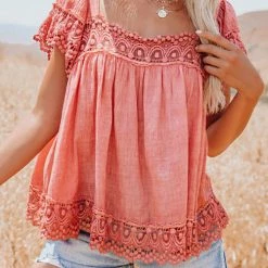 Levency New In Boho Crochet Square Neck Top