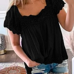 Levency New In Boho Crochet Square Neck Top