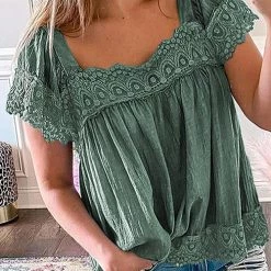 Levency New In Boho Crochet Square Neck Top