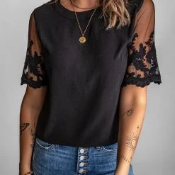Levency New In Lace Embroidered Short Sleeve Top
