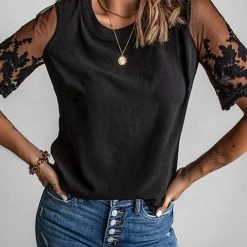 Levency New In Lace Embroidered Short Sleeve Top