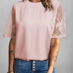 Levency New In Lace Embroidered Short Sleeve Top