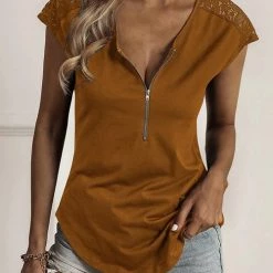 Levency Zip Neck Lace Short Sleeve T-Shirt New In