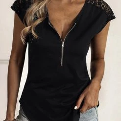 Levency Zip Neck Lace Short Sleeve T-Shirt New In