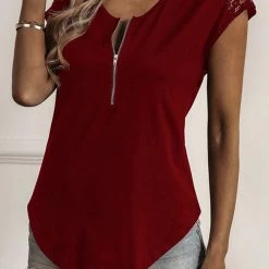 Levency Zip Neck Lace Short Sleeve T-Shirt New In