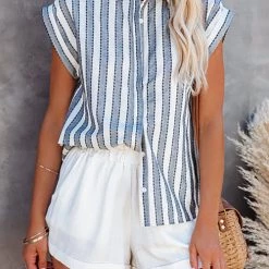 Levency New In Striped Button Short Sleeve Shirt