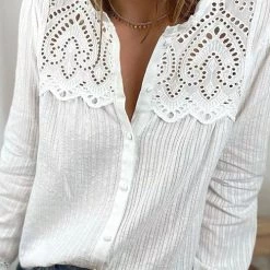 Levency New In Hollow Lace Button Long Sleeve Shirt